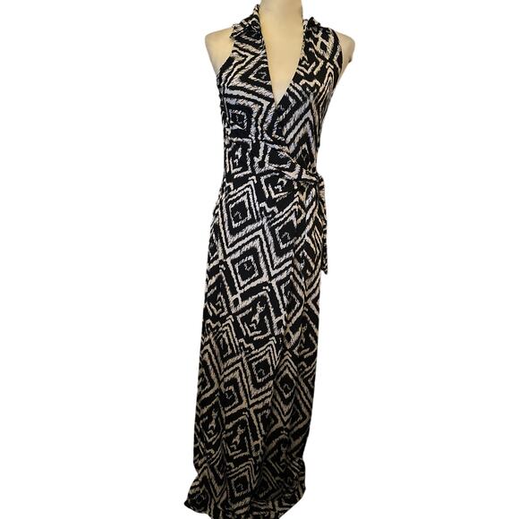 T-Bags Los Angeles Black & White Ikat Print Wrap Maxi Dress, Size Small - Picture 4 of 9